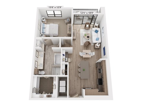 Floor plan for 1 bed, 1 bath, 969 sqft